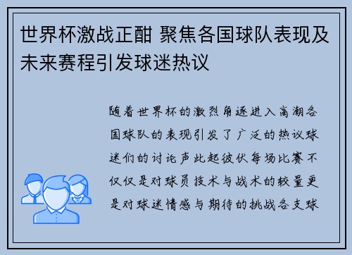 世界杯激战正酣 聚焦各国球队表现及未来赛程引发球迷热议