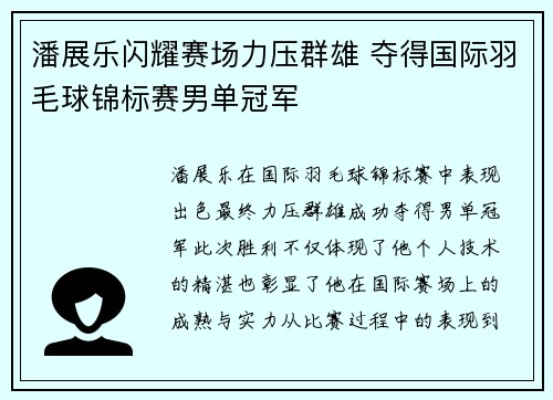 潘展乐闪耀赛场力压群雄 夺得国际羽毛球锦标赛男单冠军